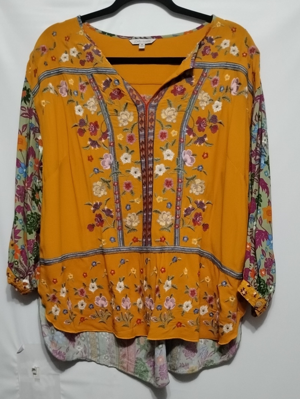 John Mark Mustard Floral Embroidery Tunic with Printed Sleeves